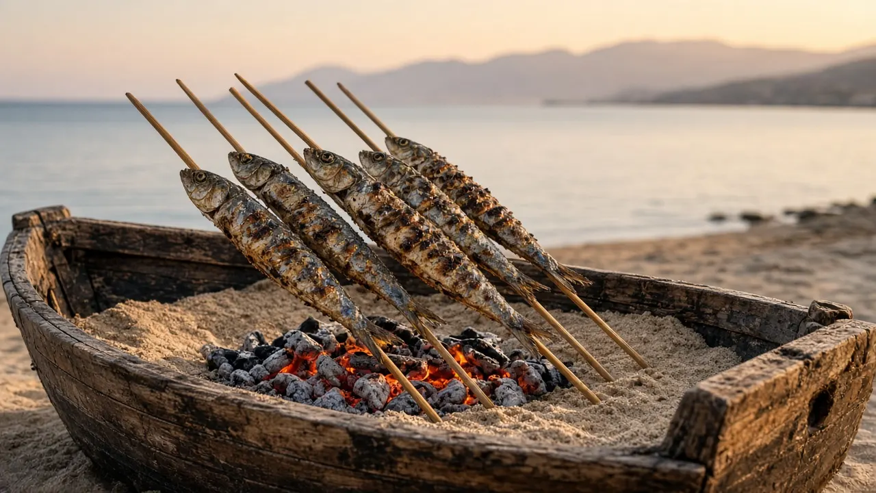Espetos de sardinas asándose sobre brasas en una barca con arena junto al mar (imagen ilustrativa)
